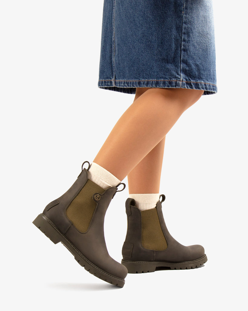 Francesca Igloo botas de piel con forro interior de pelo natural. kaki